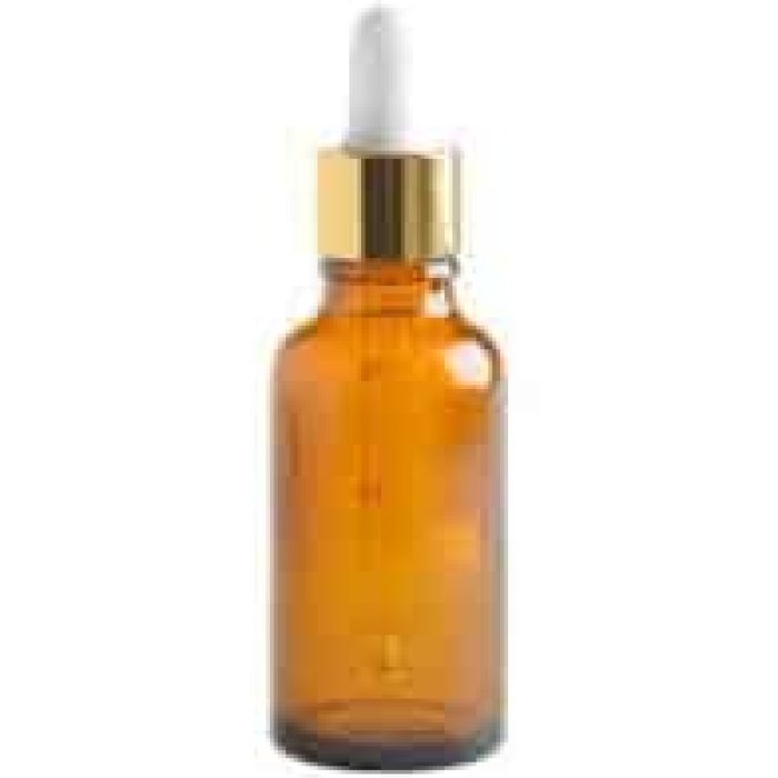 dropper bottle, amber glass, gold pipette lid