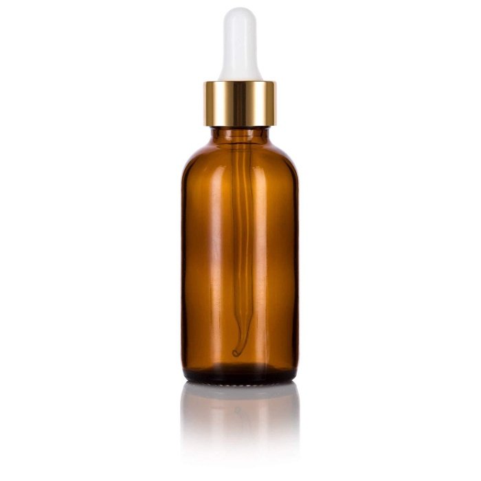 dropper bottle, amber glass, gold pipette lid