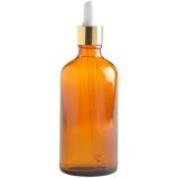 dropper bottle, amber glass, gold pipette lid