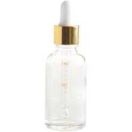 dropper bottle, clear glass, gold pipette lid