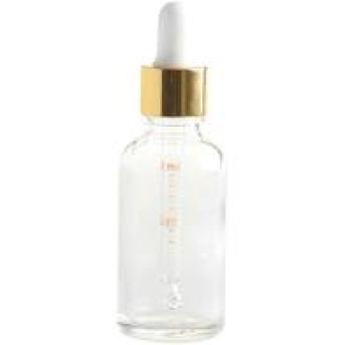 dropper bottle, clear glass, gold pipette lid